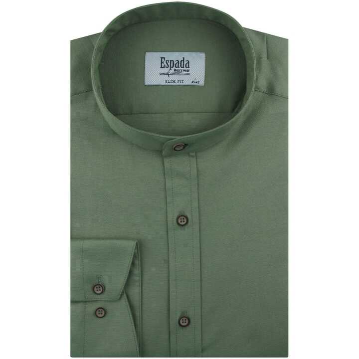 Koszula Męska Codzienna ze stójką gładka zielona z długim rękawem w kroju SLIM FIT Espada Men''s Wear E107