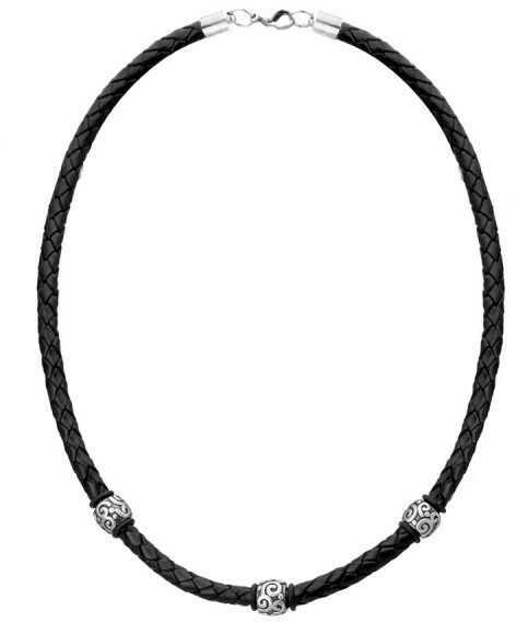Męski naszyjnik zdobione charmsy beadsy na czarnym plecionym rzemieniu