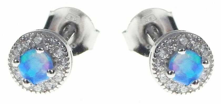Delikatne okrągłe rodowane srebrne kolczyki z opalem i cyrkoniami opal cyrkonie srebro 925 V013E