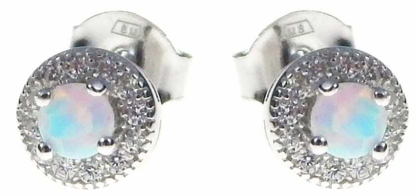 Delikatne okrągłe rodowane srebrne kolczyki z opalem i cyrkoniami opal cyrkonie srebro 925 V014E