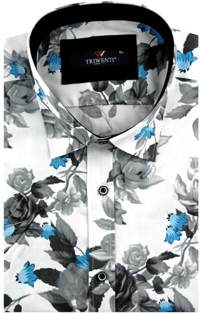 Koszula Męska Elegancka Wizytowa do garnituru biała w kwiaty z krótkim rękawem w kroju SLIM FIT Triwenti N555