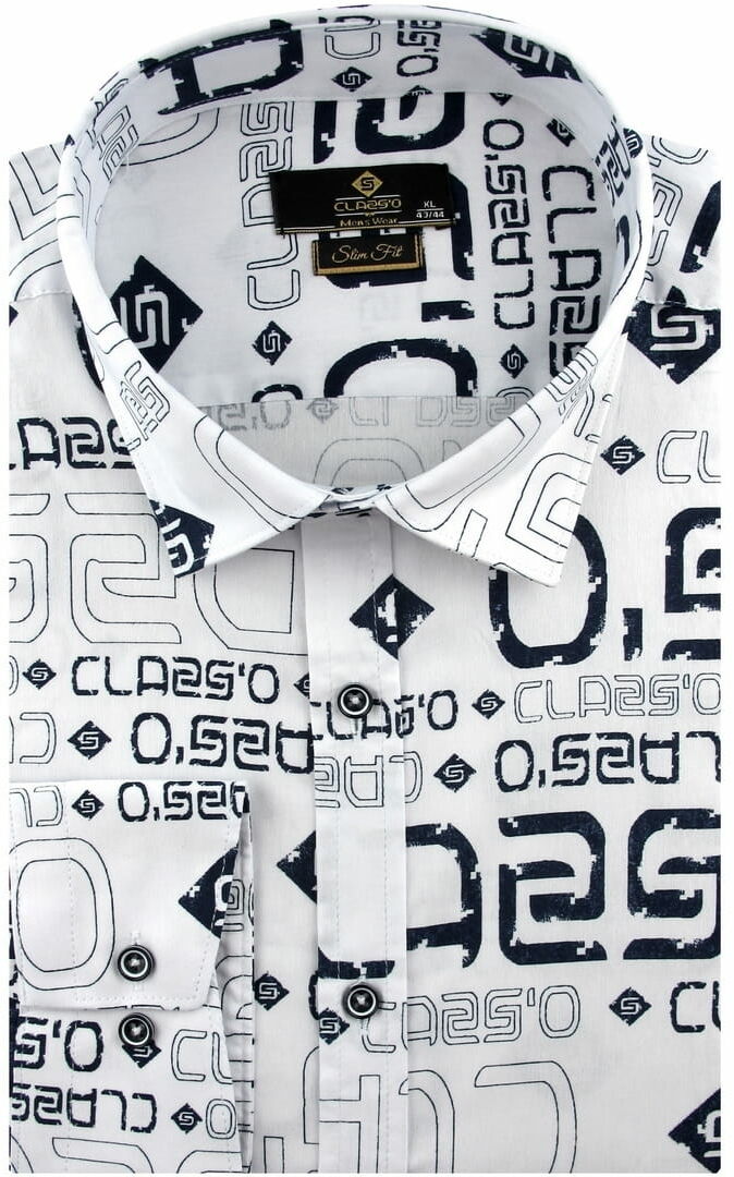 Koszula Męska Codzienna Bawełniana Casual biała w napisy z długim rękawem w kroju SLIM FIT Classo C059
