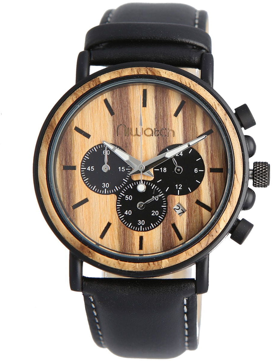 Zegarek drewniany Niwatch - kolekcja ROYAL - ZEBRAWOOD na czarnym pasku