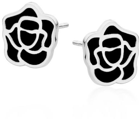 Delikatne rodowane srebrne kolczyki kwiaty róża rose czarna emalia srebro 925 Z1764E_B