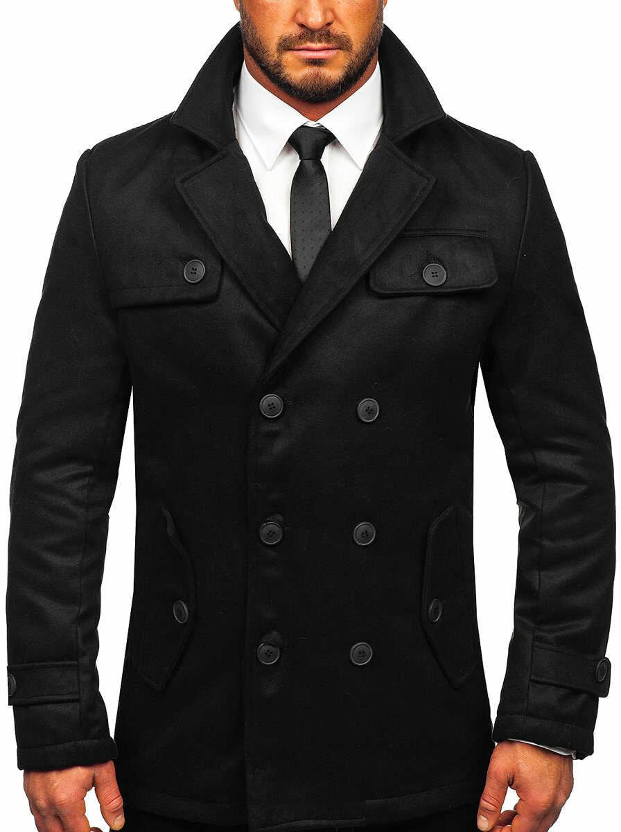 Czarny dwurzędowy płaszcz męski zimowy Denley M3142