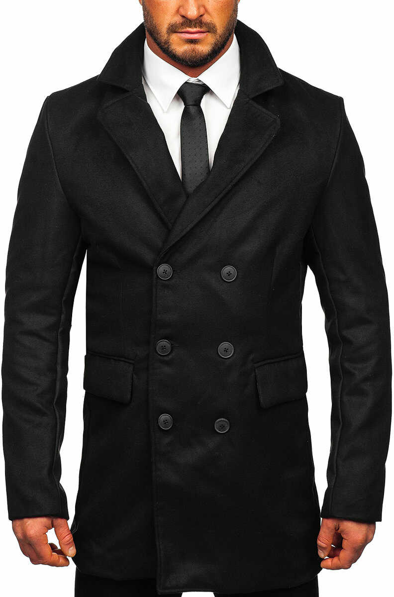 Czarny długi dwurzędowy płaszcz męski zimowy Denley 79B3-073