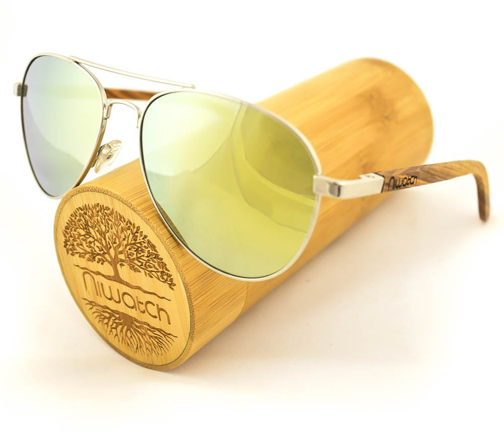 Drewniane okulary przeciwsłoneczne Niwatch Musca Light Yellow Mirror