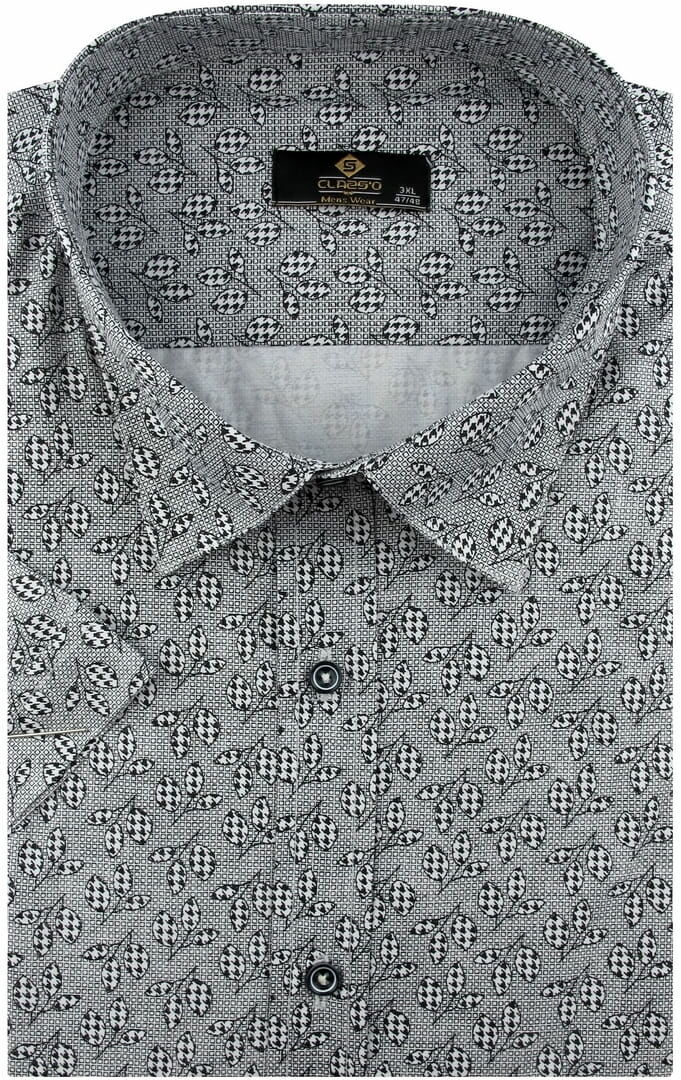Duża Koszula Męska Elegancka Wizytowa do garnituru szara we wzorki z krótkim rękawem Duże rozmiary Classo N502