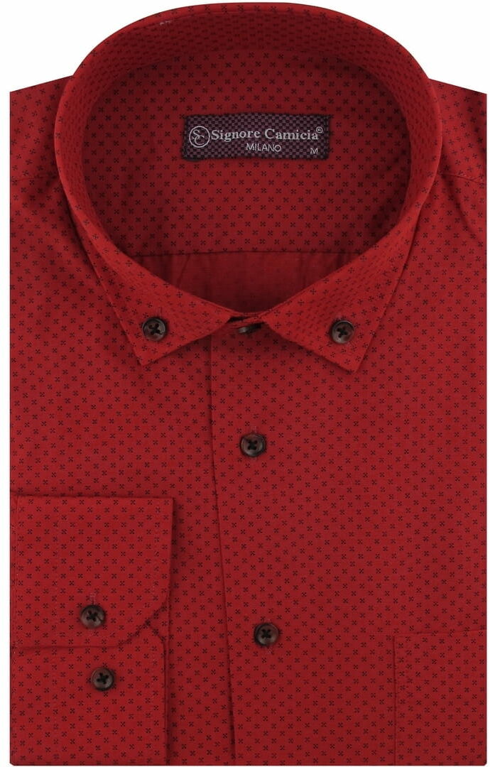 Koszula Męska Elegancka Wizytowa do garnituru czerwona we wzorki z długim rękawem w kroju SLIM FIT Signore Camicia C086