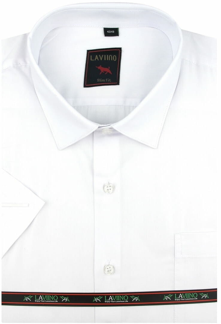 Koszula Męska Elegancka Wizytowa do garnituru gładka biała z krótkim rękawem w kroju SLIM FIT Laviino N461