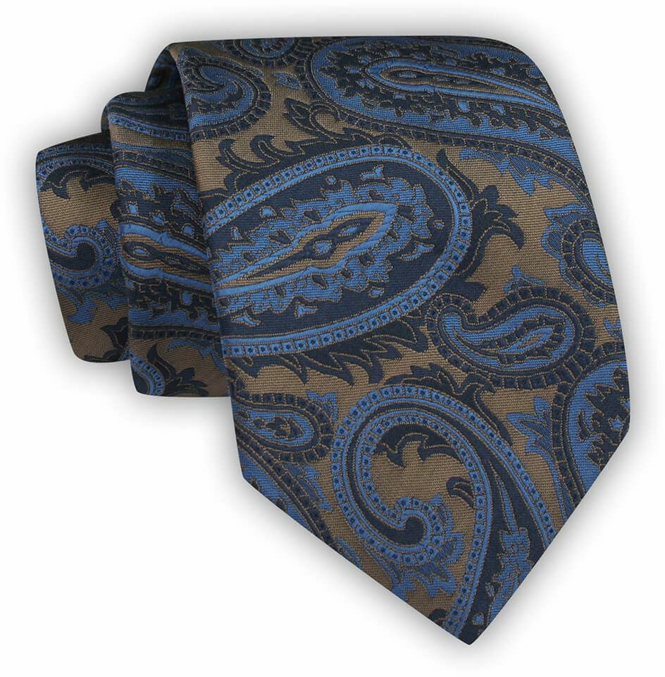 Krawat Męski, Brązowo-Granatowy, Duże Paisley, Klasyczny, Szeroki 8 cm, Elegancki -CHATTIER KRCH1235
