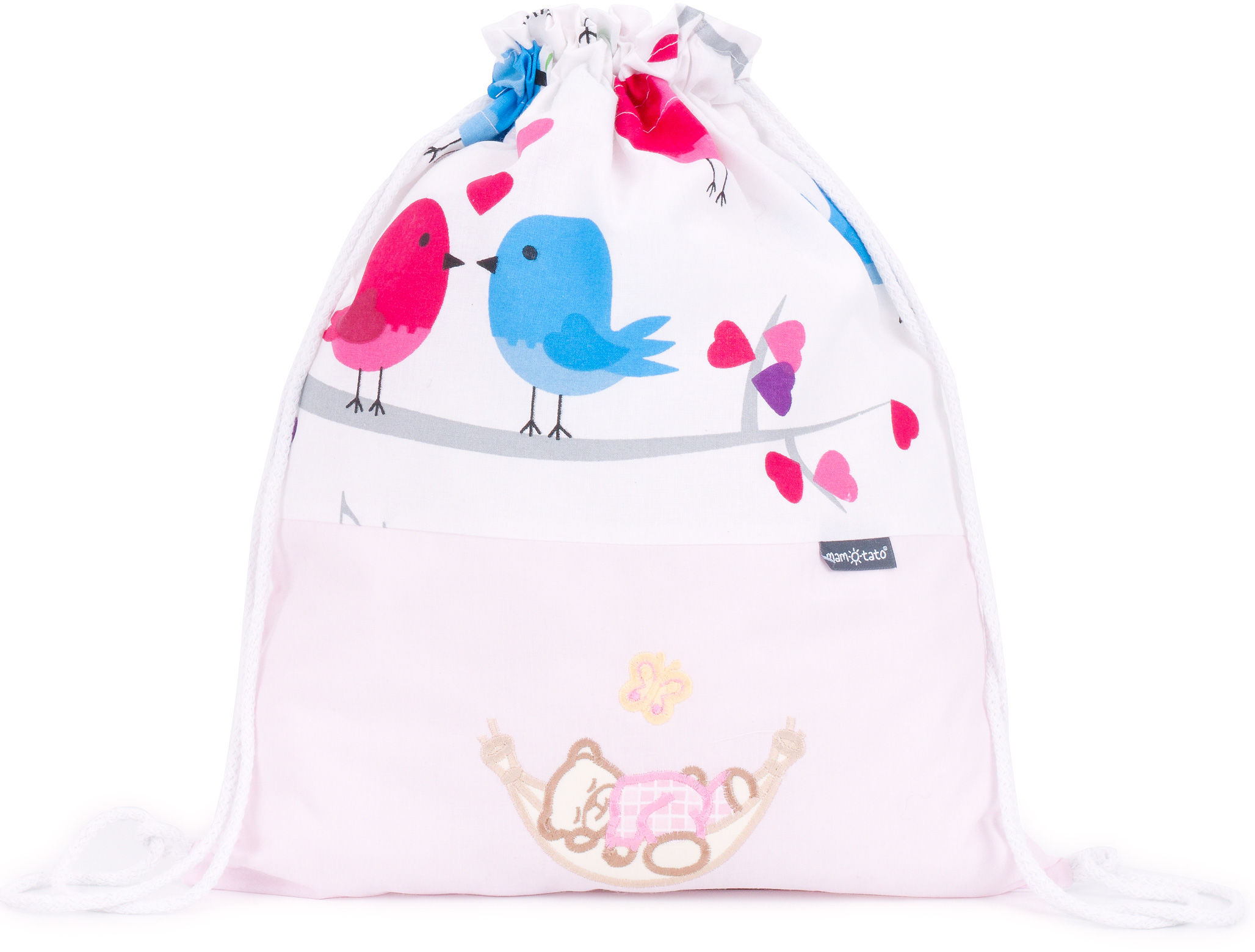 Plecak / worek bawełniany dla dzieci - Ptaszki na bieli / śpioch w hamaku w różu