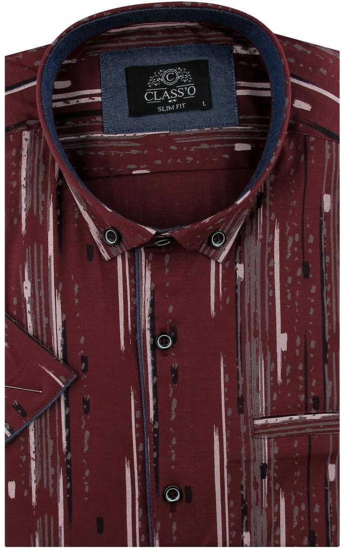 Koszula Męska Codzienna Bawełniana Casual bordowa we wzory z krótkim rękawem w kroju SLIM FIT Classo N500