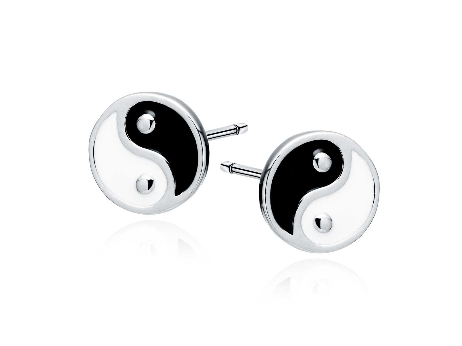 Delikatne okrągłe rodowane srebrne kolczyki yin yang czarna emalia srebro 925 Z1964ER
