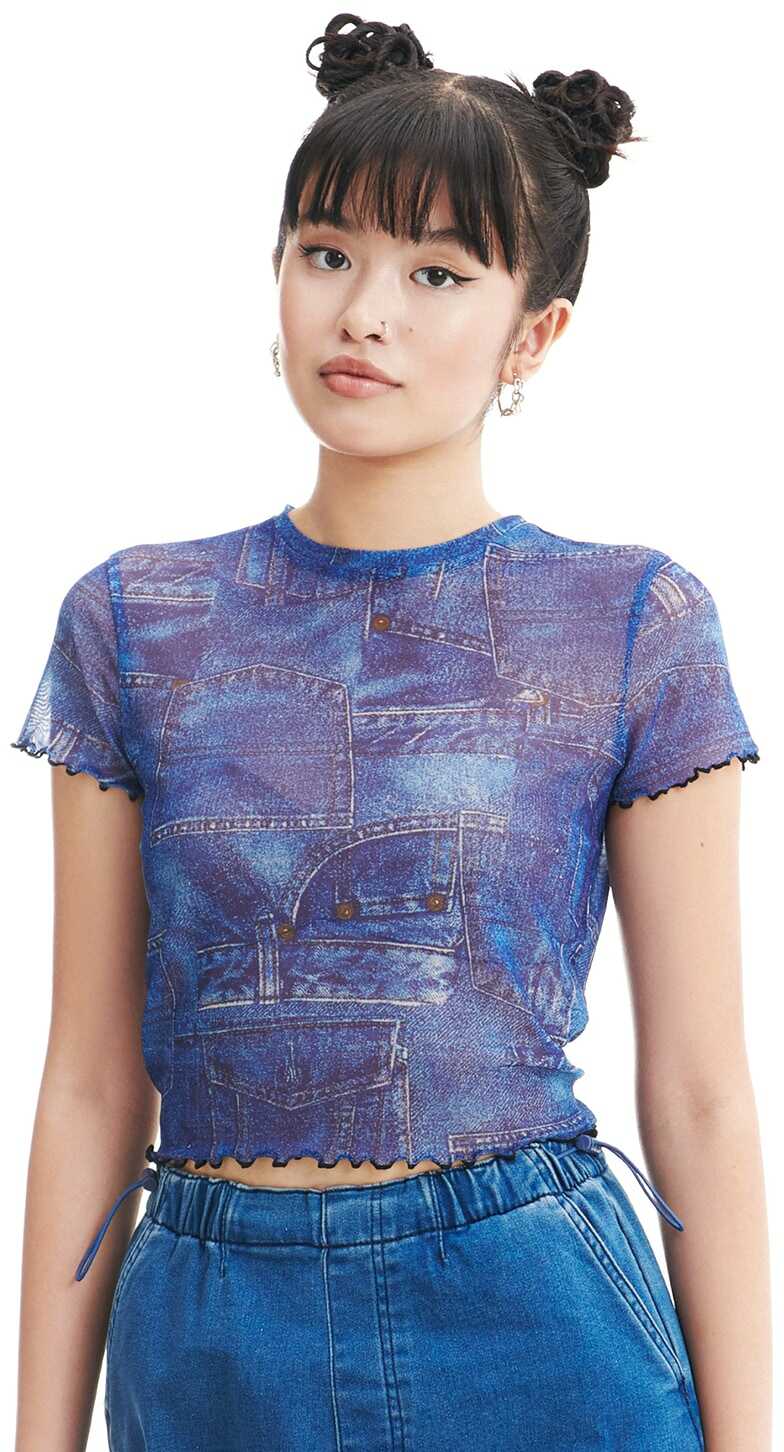 Cropp - Niebieski T-shirt z siateczki mesh - Wielobarwny