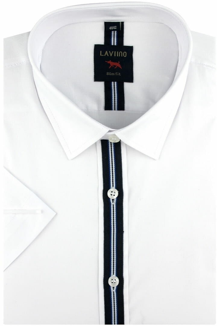 Koszula Męska Elegancka Wizytowa do garnituru gładka biała z granatową plisą z krótkim rękawem w kroju SLIM FIT Laviino N677