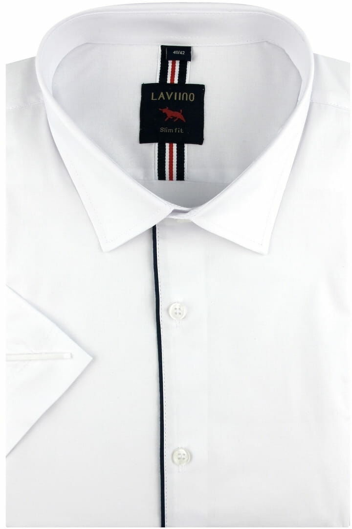 Koszula Męska Elegancka Wizytowa do garnituru gładka biała z granatową lamówką z krótkim rękawem w kroju SLIM FIT Laviino N678
