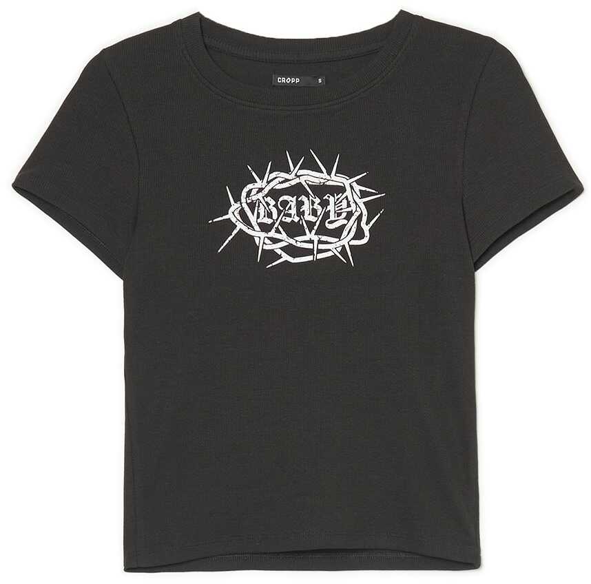 Cropp - Czarny t-shirt crop z nadrukiem - Czarny