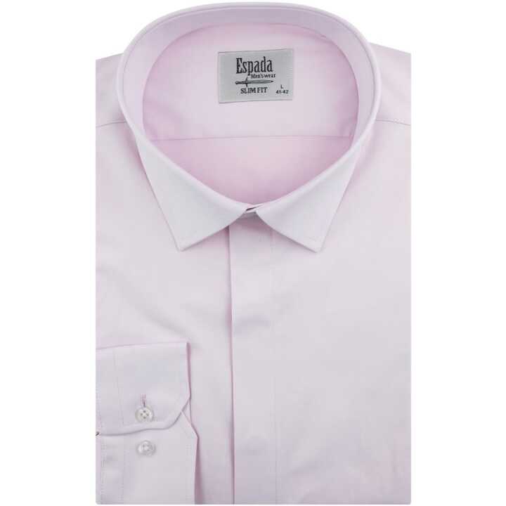 Koszula Męska Elegancka Wizytowa do garnituru gładka różowa pudrowa różowa z krytą plisą z długim rękawem w kroju SLIM FIT C948