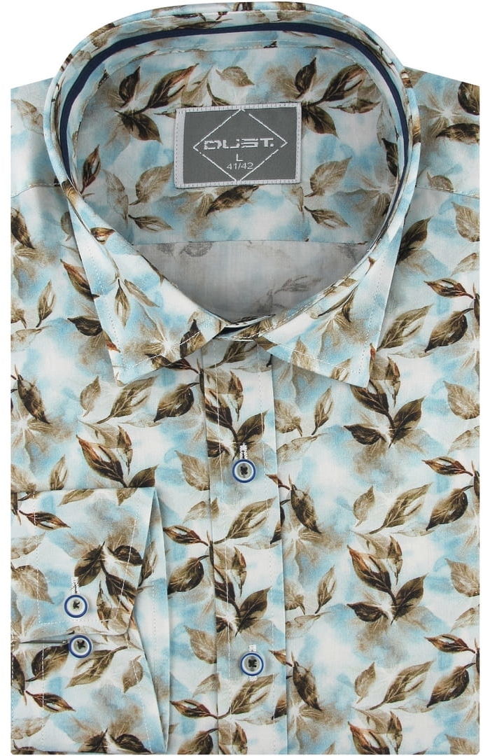 Koszula Męska Elegancka Wizytowa do garnituru błękitna cyfrowy nadruk w brązowe liście z długim rękawem w kroju SLIM FIT Dust B117