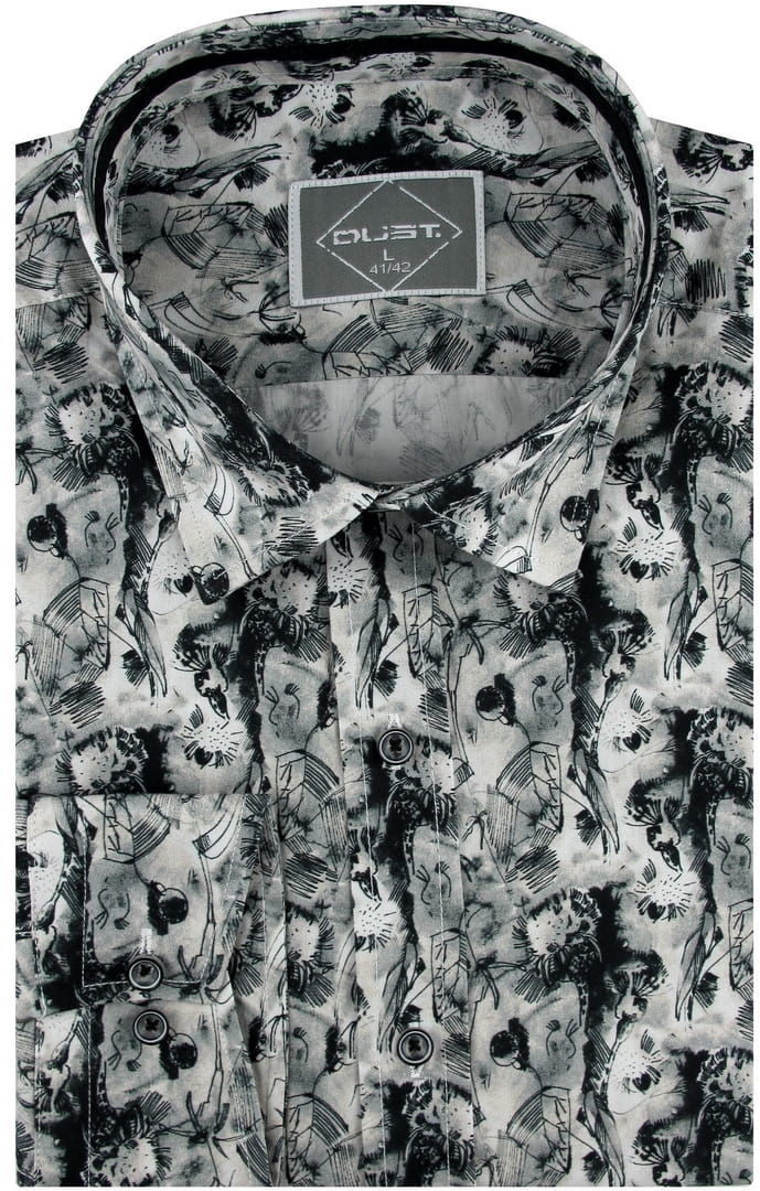 Koszula Męska Elegancka Wizytowa do garnituru szara cyfrowy nadruk we wzory z długim rękawem w kroju SLIM FIT Dust B124