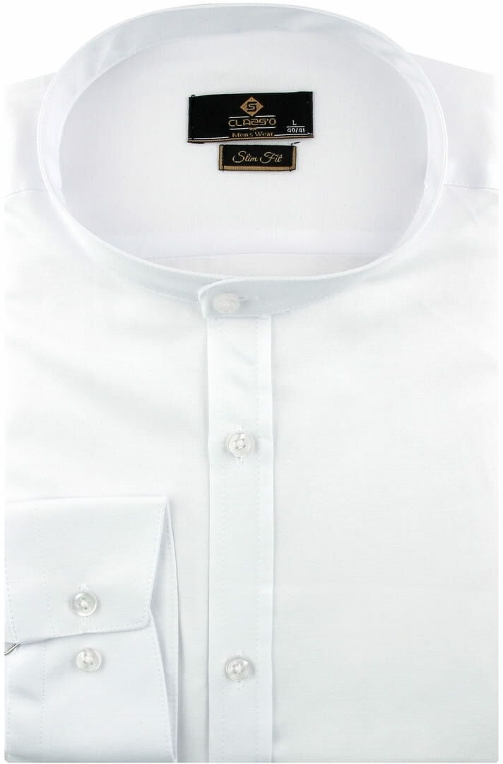 Koszula Męska Codzienna Casual ze stójką gładka biała z długim rękawem w kroju SLIM FIT Classo B678