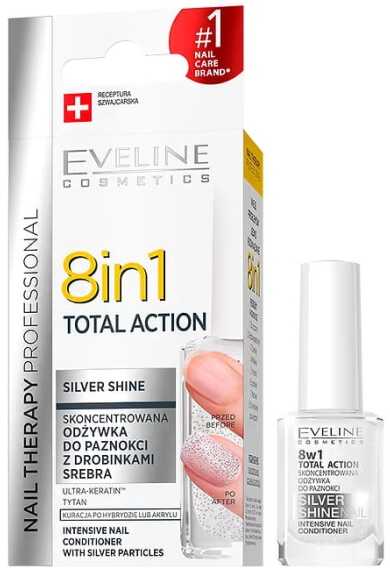 Eveline Nail Therapy Lakier odżywka do paznokci 8w1 Total Action Silver Shine