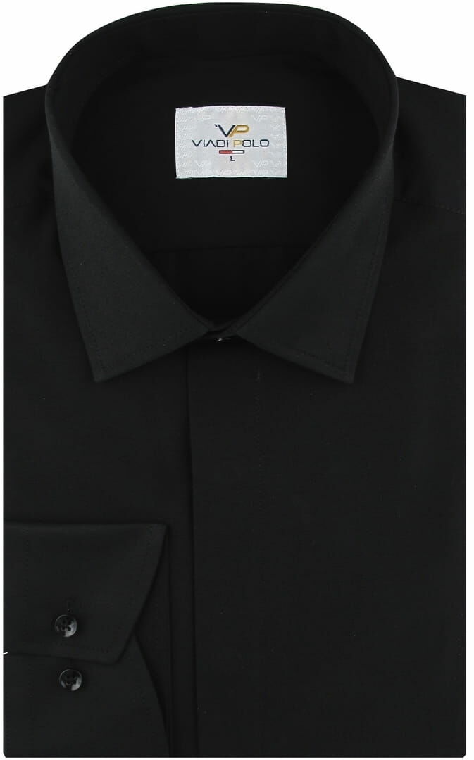 Koszula Męska Elegancka Wizytowa do garnituru gładka czarna z krytą plisą z długim rękawem w kroju SLIM FIT Viadi Polo B578