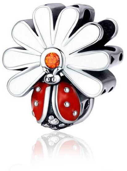 Rodowany srebrny charms do pandora kwiatek flower biedronka ladybug cyrkonia srebro 925 CHARM199