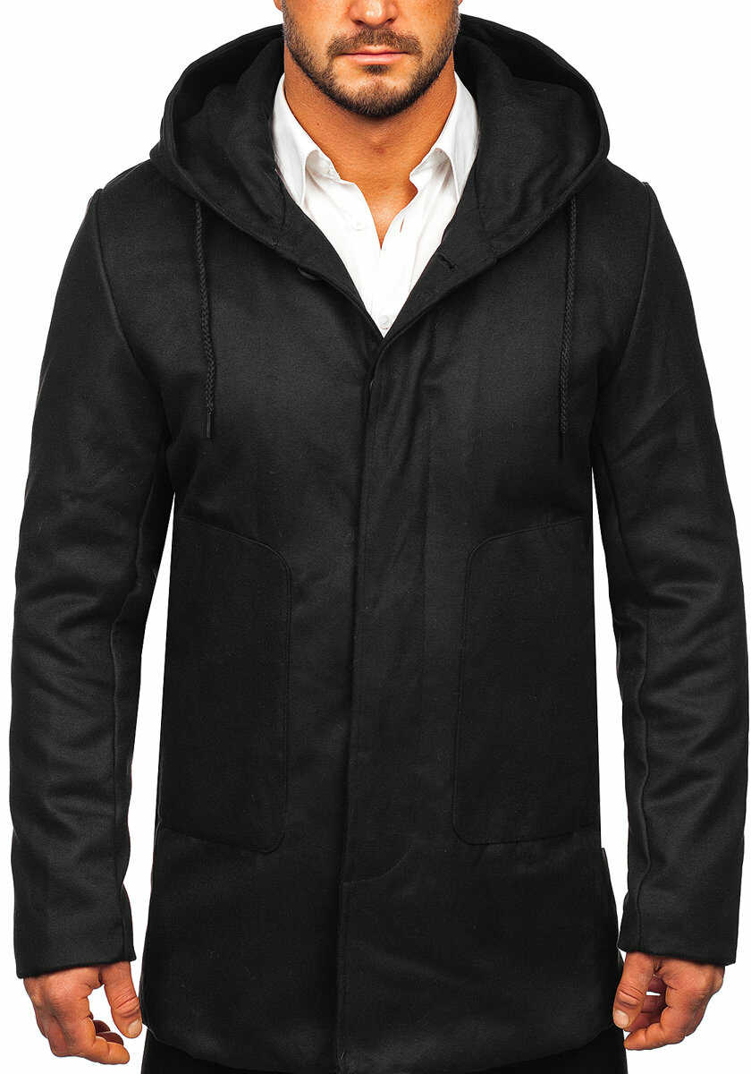 Czarny płaszcz męski zimowy z kapturem Denley 79B3-197
