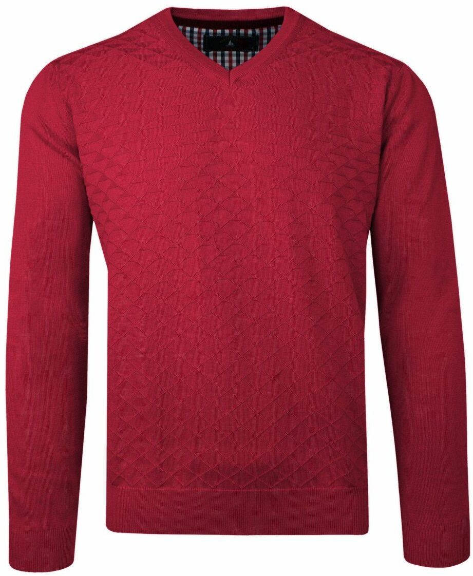 Sweter Czerwony w Serek, Bawełniany, Tłoczony Wzór, V-neck, Męski -BARTEX SWKOWbrtx0009czerwonywzV