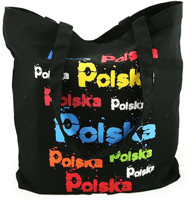 Torba płócienna czarna z kolorowymi napisami POLSKA