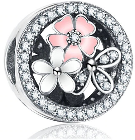 Rodowany otwierany srebrny charms do pandora kwiatki flowers blokada lock cyrkonie srebro 925 LOCK32