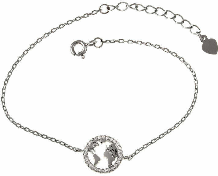 Elegancka rodowana srebrna bransoleta kółko mapa świata białe cyrkonie srebro 925
