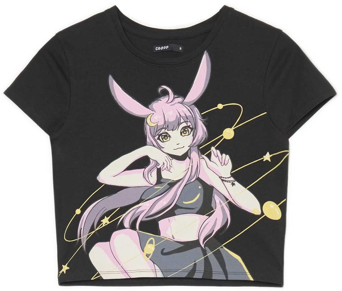 Cropp - Czarna koszulka z nadrukiem anime - Czarny