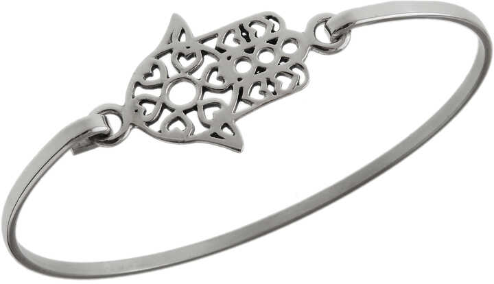 Elegancka gładka sztywna srebrna bransoleta ażurowa dłoń fatimy talizman amulet srebro 925