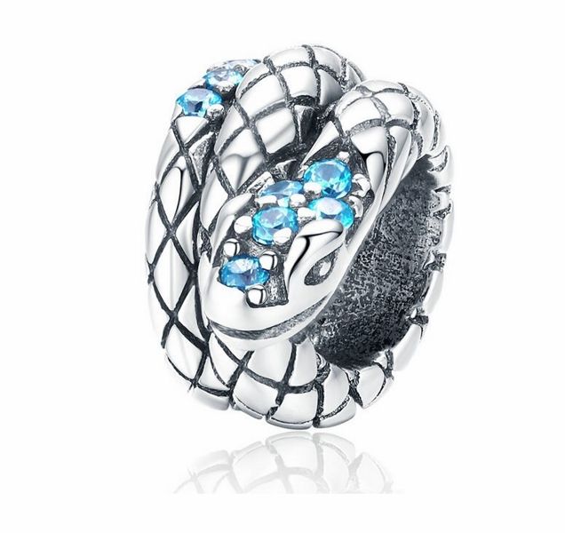 Rodowany srebrny charms do pandora wąż snake cyrkonie srebro 925