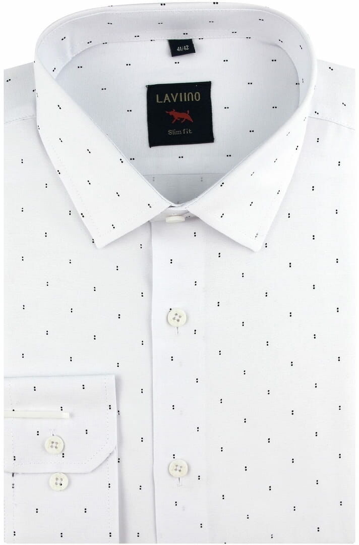 Koszula Męska Elegancka Wizytowa do garnituru biała we wzorki z długim rękawem w kroju SLIM FIT Laviino C224