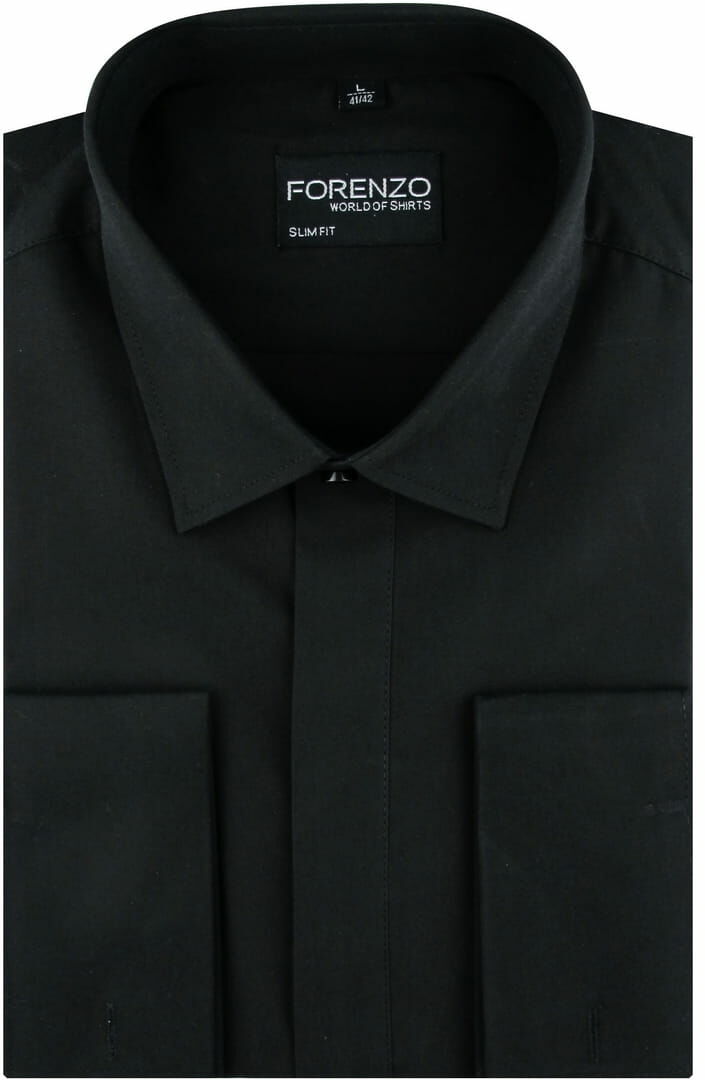 Koszula Męska Elegancka Wizytowa do garnituru gładka czarna z mankietem na spinki w kroju SLIM FIT Forenzo B422