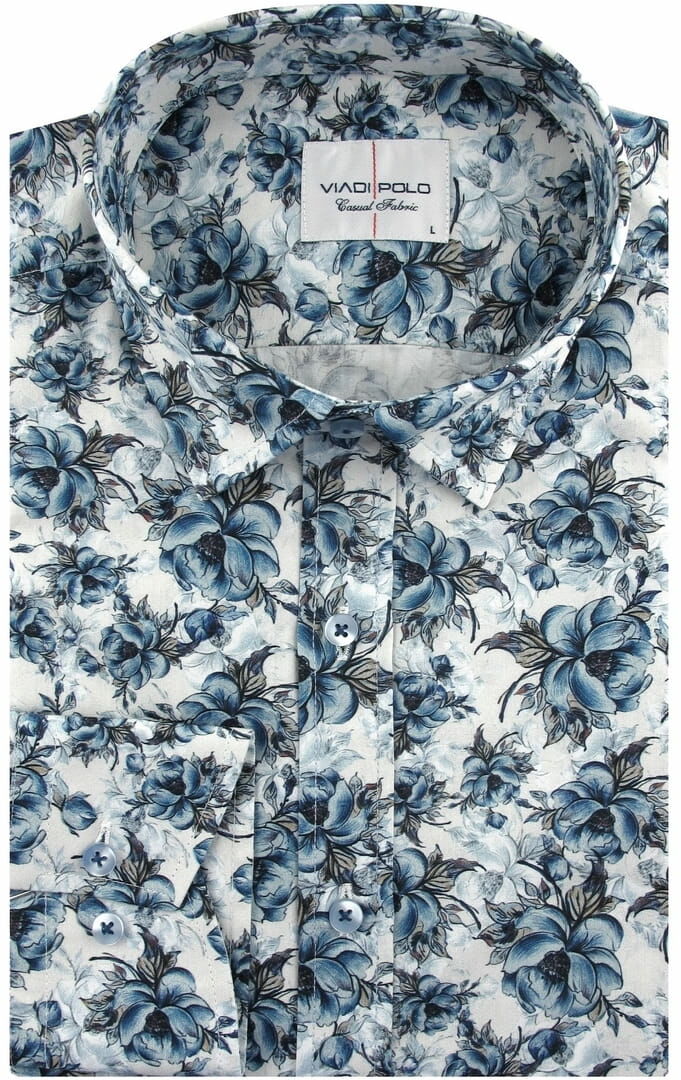 Koszula Męska Elegancka Wizytowa do garnituru błękitna w kwiaty z długim rękawem w kroju SLIM FIT Viadi Polo B833