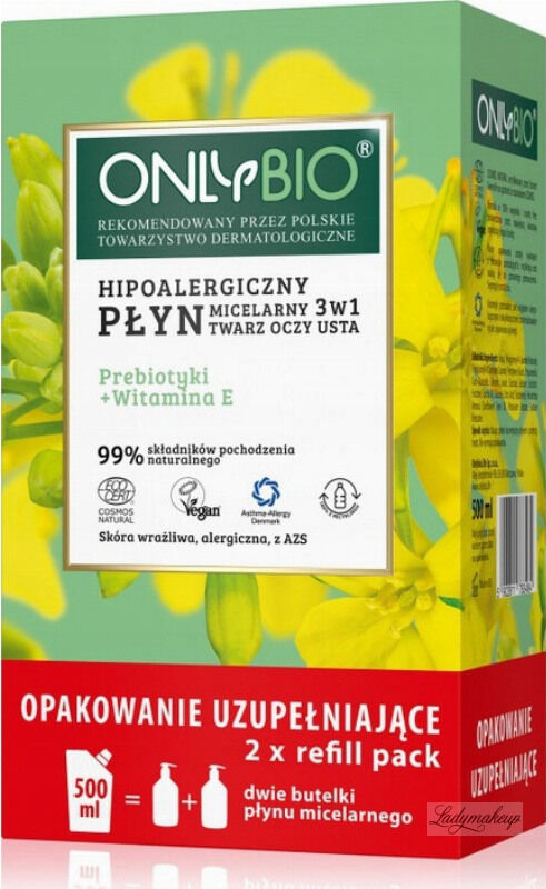 ONLYBIO - Hipoalergiczny płyn micelarny - Prebiotyki + Witamina E - Uzupełnienie - 500 ml