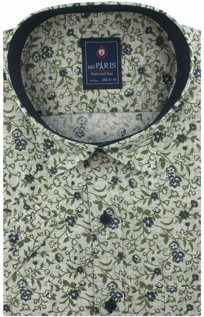 Duża Koszula Męska Elegancka Wizytowa do garnituru oliwkowa w kwiaty z krótkim rękawem Duże rozmiary Big Paris N400