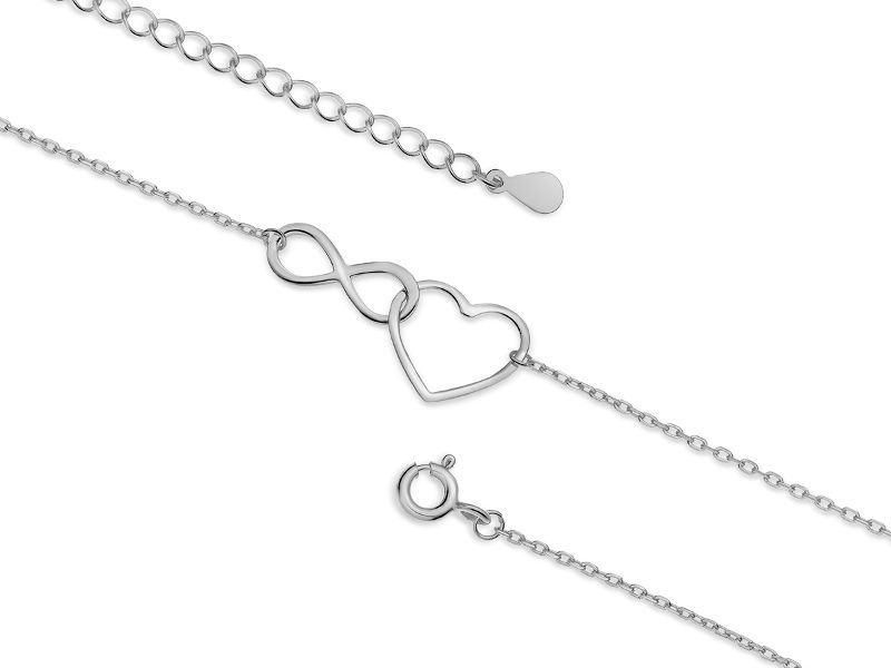Delikatna rodowana srebrna bransoletka na nogę serce nieskończoność infinity heart srebro 925 Z1793X