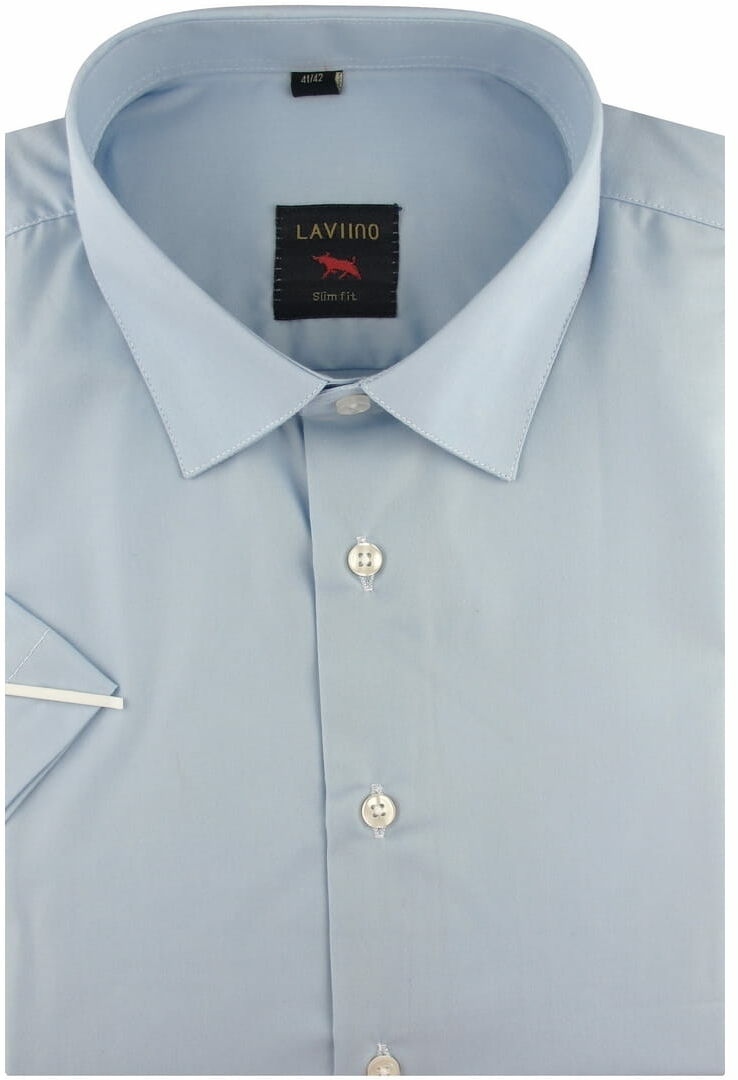 Koszula Męska Elegancka Wizytowa do garnituru gładka błękitna z krótkim rękawem w kroju SLIM FIT Laviino N456